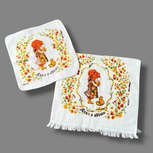 Vintage 70s Holly Hobbie Tea Towel & Wash Cloth Cannon Loves A Stirrin Orange